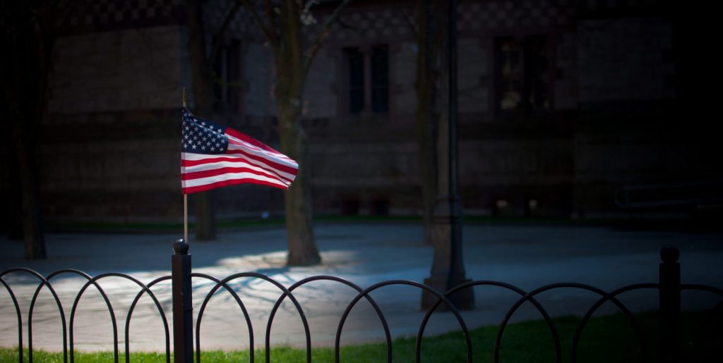 US Flag in a city garden or park